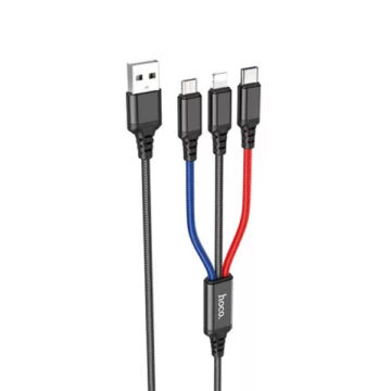 Hoco x76 3in1 töltő és adatkábel USB/micro USB/Type-C/Lightning csatlakozóval 1 méter, fekete/piros/kék