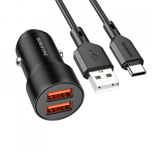 Borofone BZ19 Dupla USB portos autóstöltő 2.4A + Type-C kábel 1m, fekete