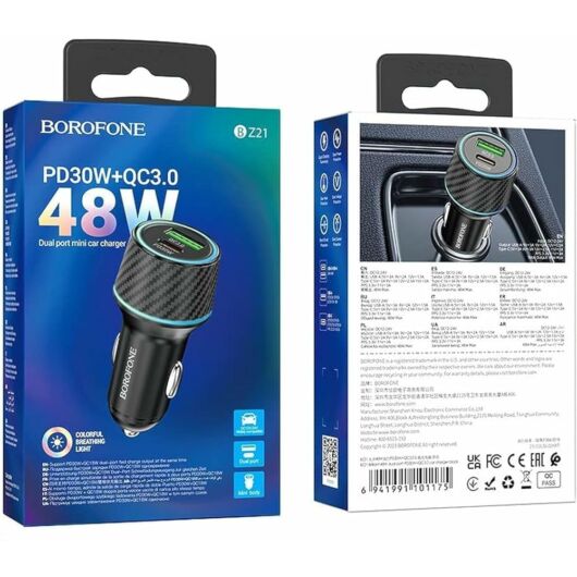 Borofone BZ21 Dupla USB portos autóstöltő 48W + Type-C kábel 1m, fekete