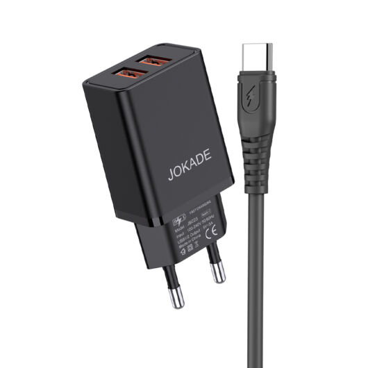 Jokade JB024 Dupla hálózati töltő 3A + Type-C kábel, fekete